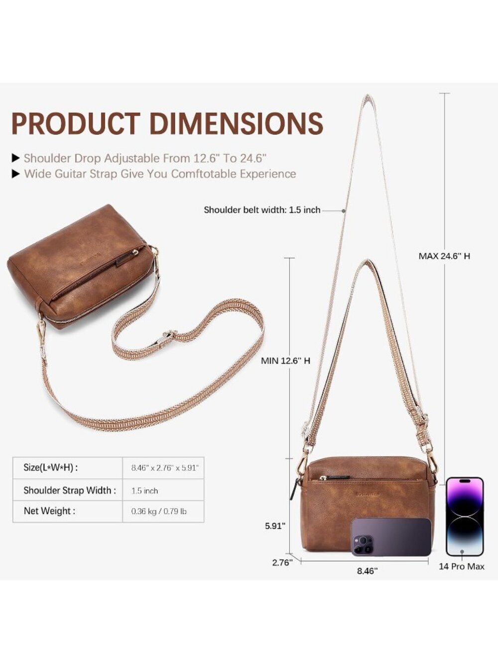 Women's Brown Leather Triple Zip Crossbody Bag Purse with Colored Shoulder Strap - Picture 3 of 6